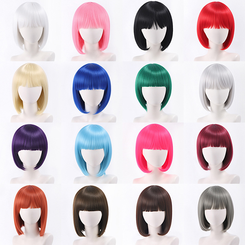 BoBo head blue green gray rice white black red pink neat bangs cartoon cos nightclub women shoulder bobo straight short wig