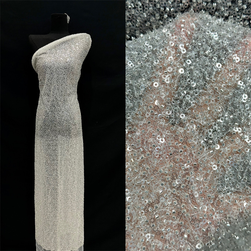 Comercio exterior transfronterizo de alta densidad full sequins tubo de perlas modelo de tela bordada vestido de novia cena tela bordada tridimensional