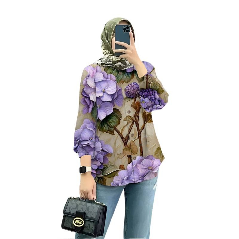 Foreign Trade Cross-Border Fashion Muslim Autum Long-Sleeved 3D Printed Round Neck Shirt Women's Turkish Elegant Top