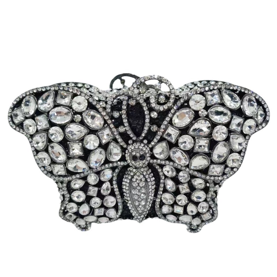 Túi clutch dạ tiệc đính kim cương bướm phong cách mới — Màu xanh lá, Màu đen, Màu bạc, Bạc AB