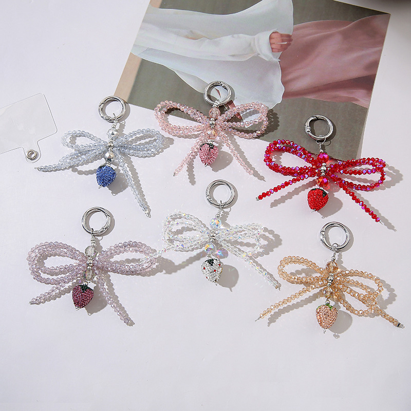 Strawberry bow phone charm crystal women's ins girl beaded keychain bag charm