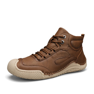 2023 new autumn and winter men's high-top shoes Korean breathable fleece-lined warm cotton shoes cross-border handmade leather shoes plus size
