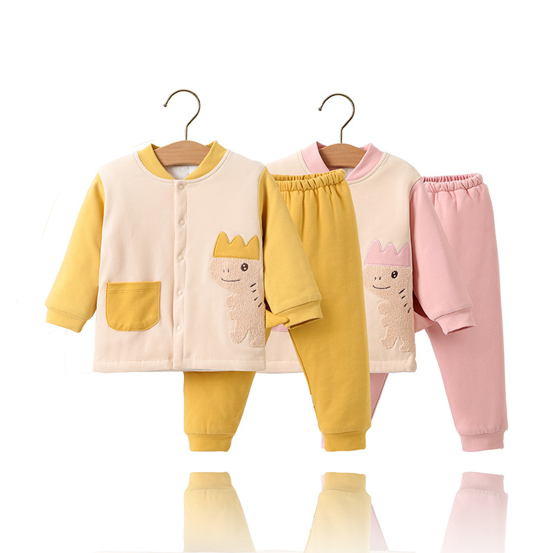 儿童套装初春新款纯棉a类三层夹棉保暖宝宝家居服婴儿薄棉两件套
