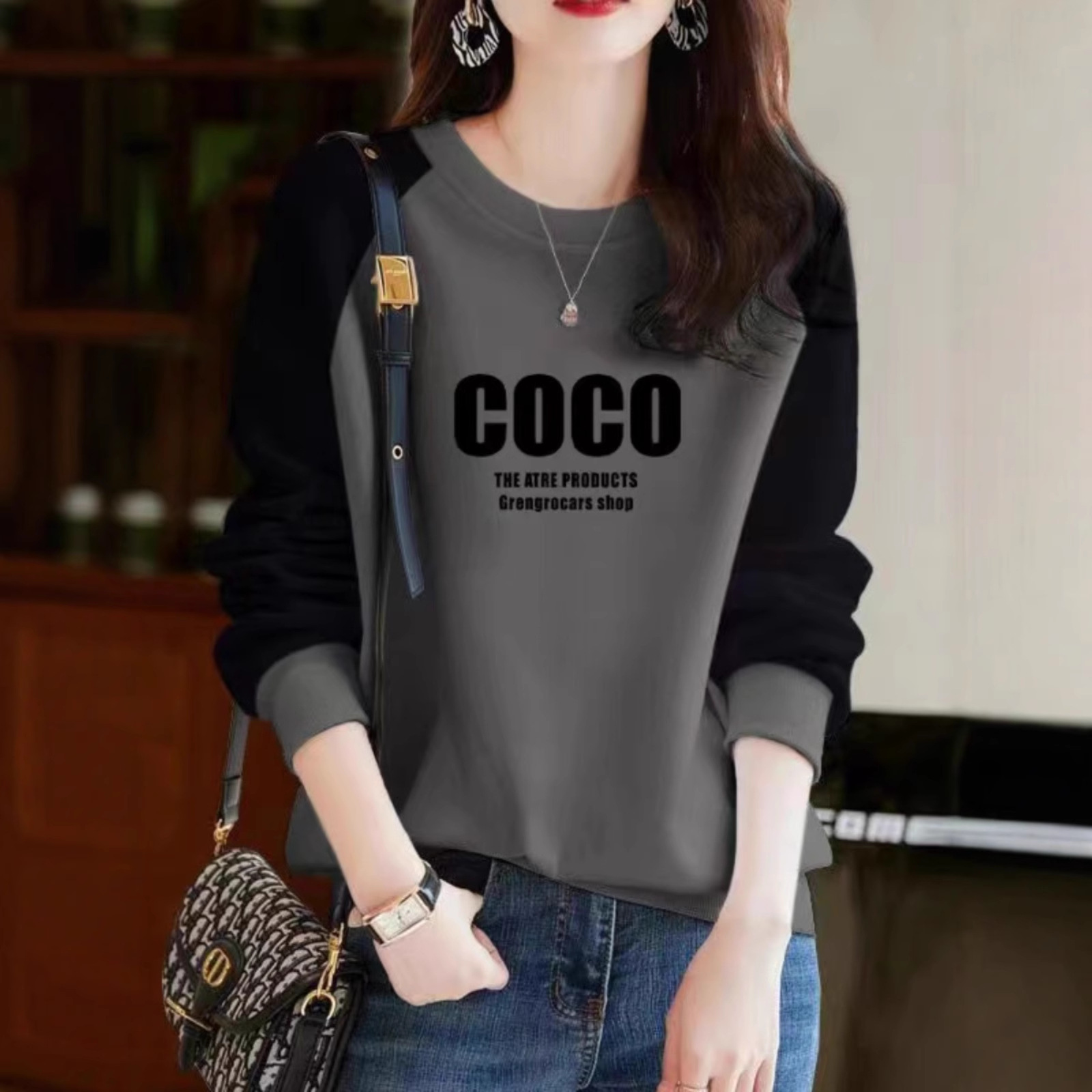 Cropped Label Cotton Color-Block Long-Sleeve Sweatshirt for Women, New Spring Casual Versatile Fashion Slim-Fit Top