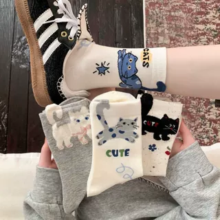 卡通猫咪袜子女春夏薄款透气吸汗中筒袜韩系ins风可爱植绒堆堆袜