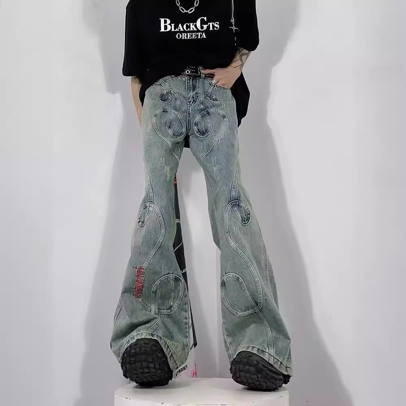 Cross-border New Meichao High Street Fried Street Washed Jeans Men's Line Design Sense Trendy Brand Loose Straight Pants
