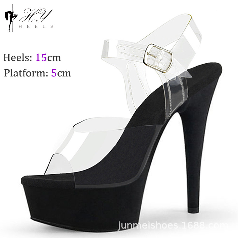 Sandal cao gót nữ đính pha lê gót 15 cm, đế chống thấm da lộn, dự tiệc catwalk — Màu đen, Màu đỏ rượu, Màu hồng, Không trả lại hoặc trao đổi