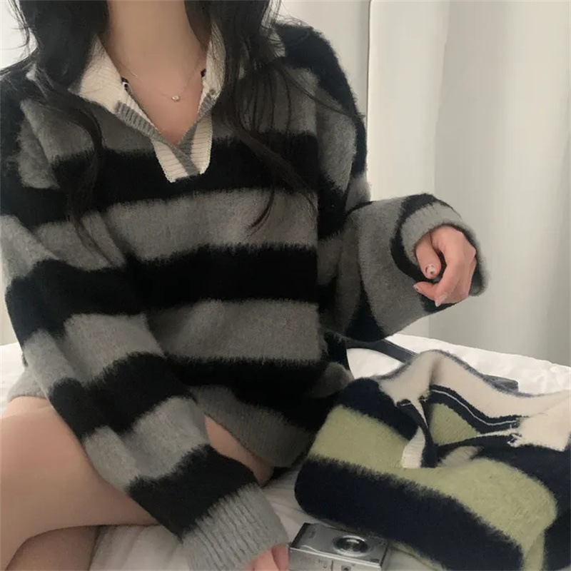 现货  蓝棕条纹polo翻领毛绒针织毛衣|undefined