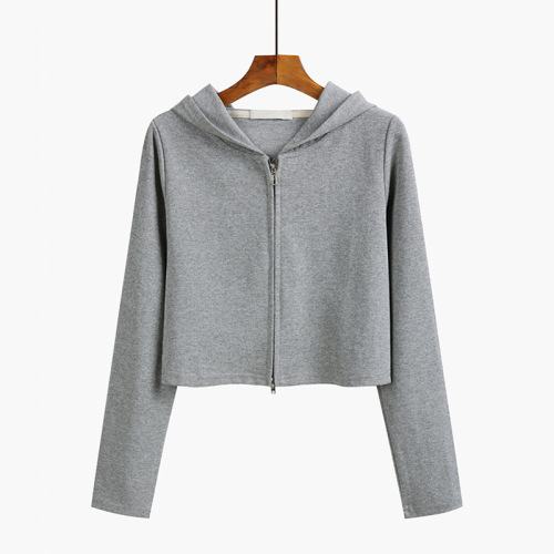 Women's Hooded Short-Sleeve Sweatshirt with Double-Zipper, Slim Fit, Discreet Color, Korean Style, Hooded Open Jacket, Fashionable and Stylish