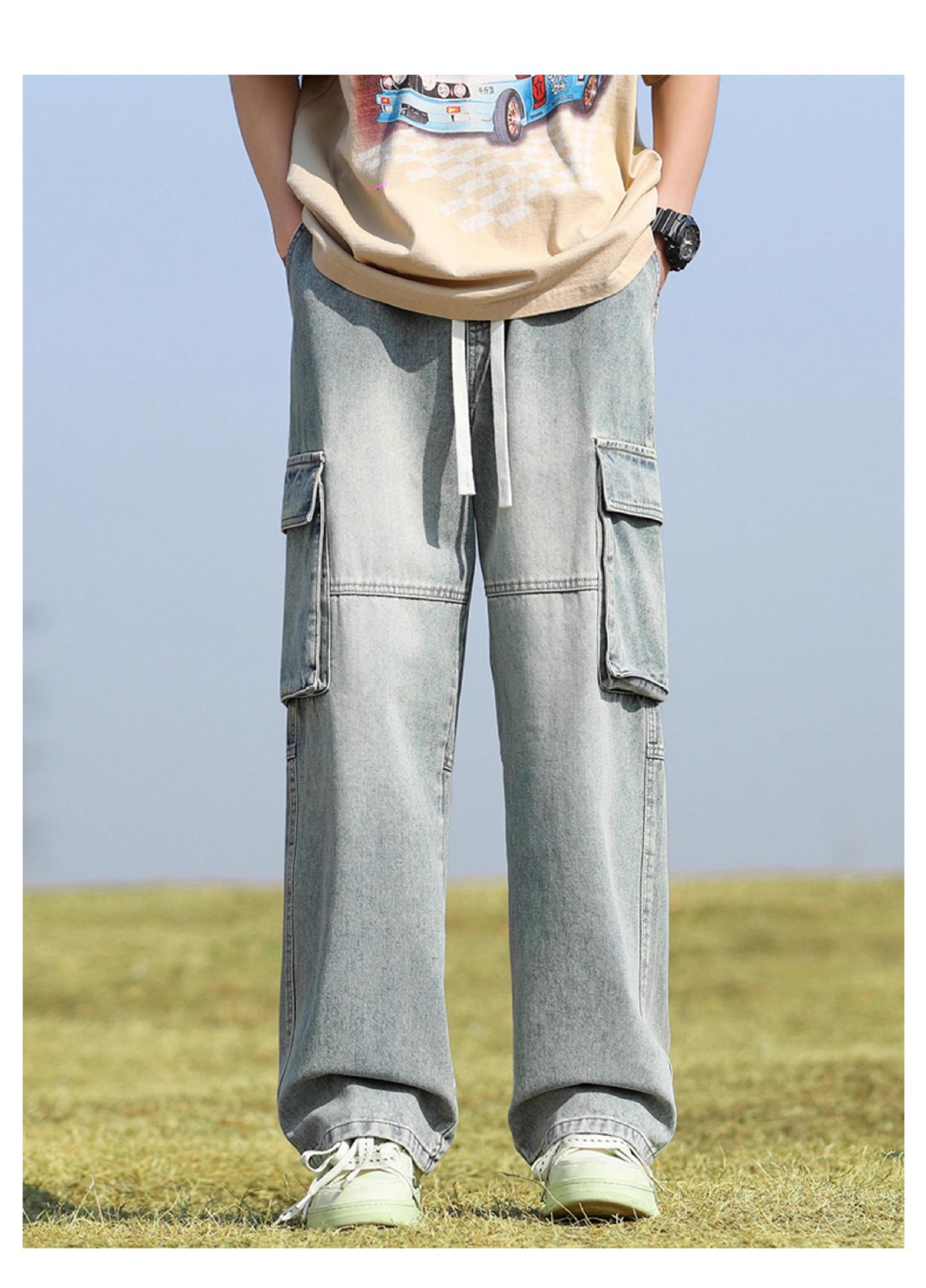 ​​Men’S Cargo Jeans – Vintage Washed Denim Pants With Patchwork & Multi-Pockets​​ Relaxed Straight Fit​​_mkmklike.com