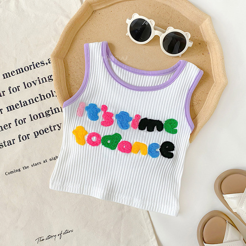  Girls New Summer Children's Korean Style Sleeveless T-shirt Baby Girl Embroidered Elastic Vest 0029