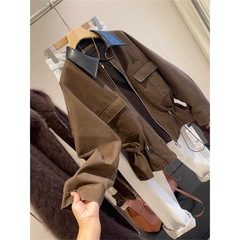 法式复古撞色通勤时尚拉链设计POLO领长袖外套女2025秋季新款上衣