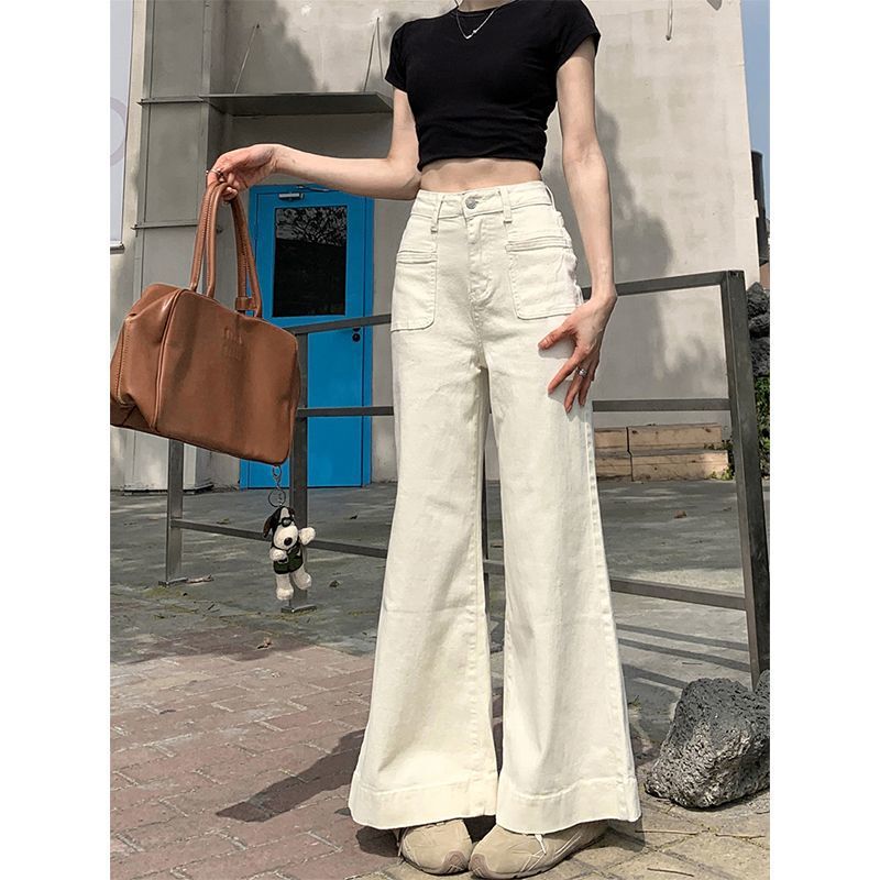 女性用ワイドレッグジーンズ春夏ストレッチ2025新作スリムルーズ韓国風フロアレングスフレアストレートパンツ|undefined