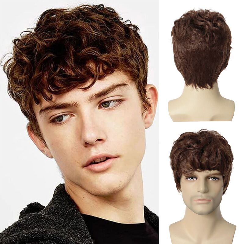2023 men's high temperature silk wig short brown wig curly hair men's natural wig black hair boy wig
