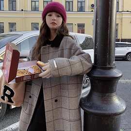 2025新款拼接复古设计感格子呢子大衣中长款韩系百搭秋冬毛呢外套
