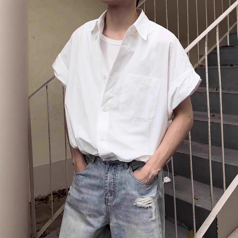 White Workwear Ice Silk Short-Sleeve Shirt for Men, Thin Style, Casual and Stylish, High-End American Drawstring Half-Sleeve Shirt