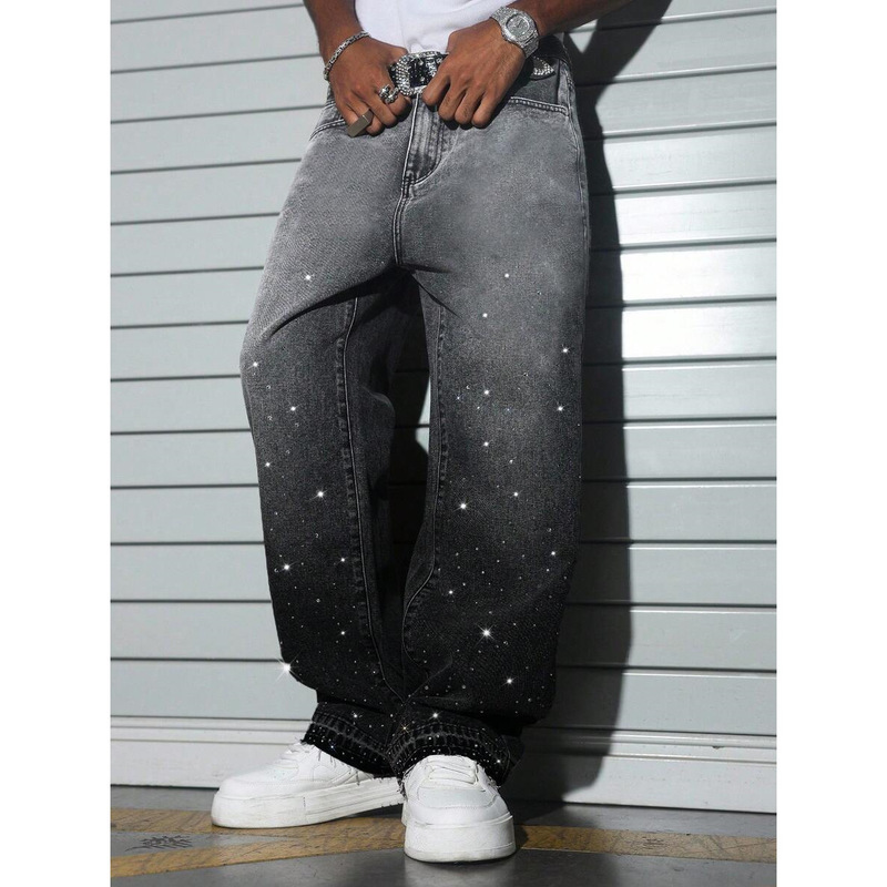 American-Style Rhinestone Straight-Leg Full-Studded Stretch Jeans for Men, New Cross-Border Version, Trendy Brand, Cool and Loose-Fitting Pants