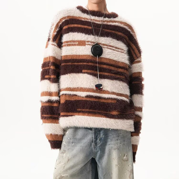 Explosiones transfronterizas de tamaño europeo de tamaño grande jersey de punto a rayas suéter de hombre suave peludo ceroso otoño invierno fábrica de marea al por mayor
