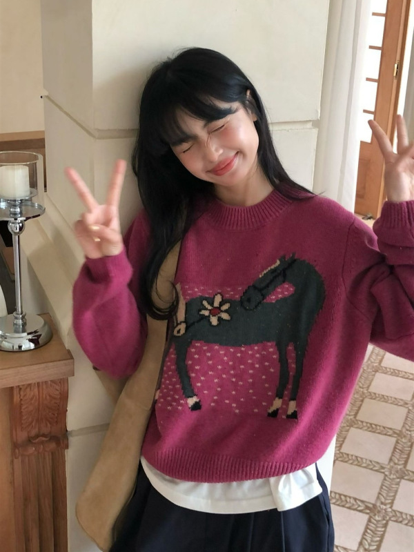 韩系少女卡通小马提花圆领套头毛衣女秋冬宽松时尚减龄针织衫上衣|undefined