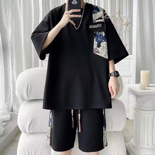 National Trend Honeycomb Bear Set for Men - Summer Streetwear Two-Piece Pajama Set Loose Casual Large Size Short-Sleeve Five-Finger Pants