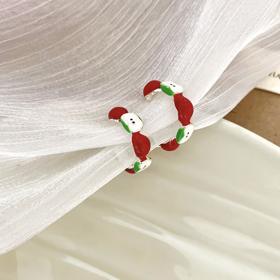 Ensemble de bagues en forme de pomme en forme de C, style forêt, avec aiguille argentée et motif goutte d'huile. Boucles d'oreilles au design unique et frais._voghion.com