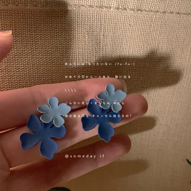 甜美撞色顯白花朵耳環花瓣超仙日系小清新耳飾女夏天可愛藍色耳釘