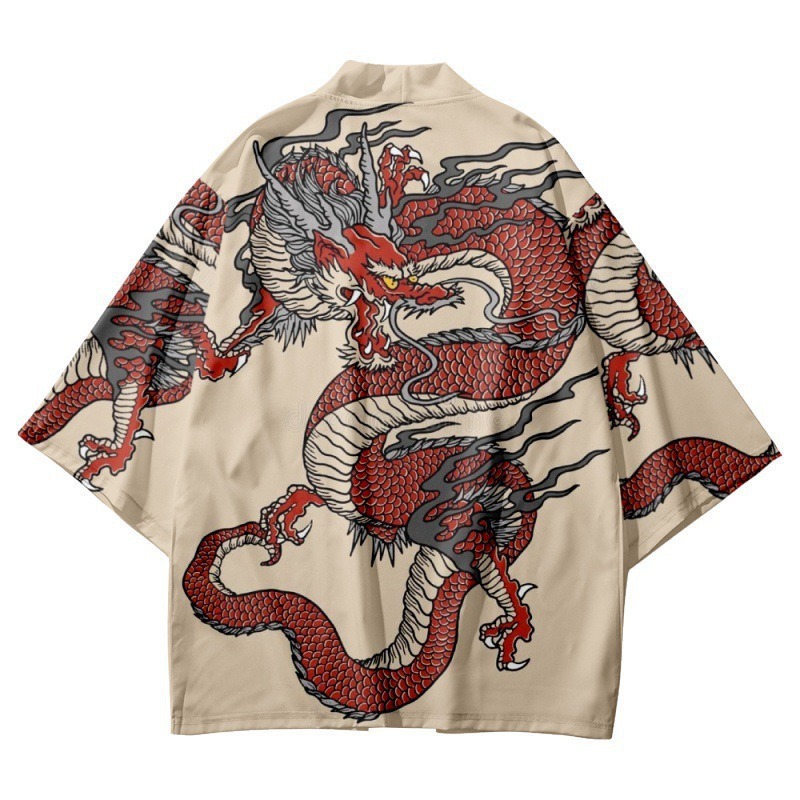 Traditional Chinese style Taoist robe, cardigan, cape, dragon totem kimono, crucian carp retro ukiyo-e, Harajuku three-quarter sleeve summer menswear.