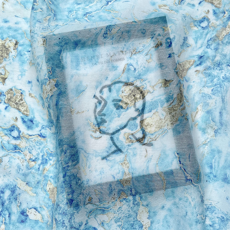 蓝色系海洋扎染印花真丝天丝亚麻桑蚕丝面料 半透裙子布料半透明