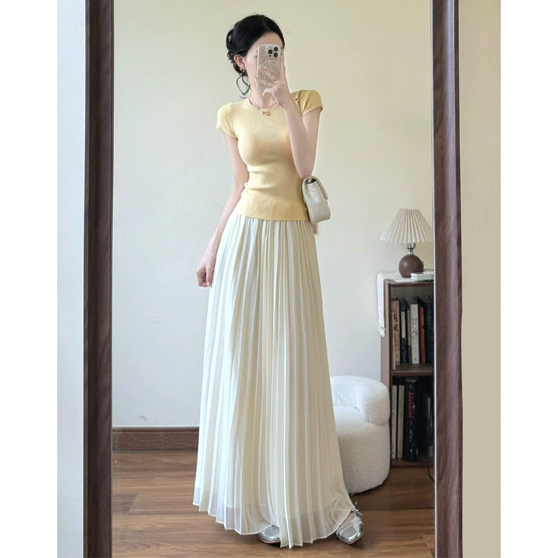 Летний милый элегантный связаный свитер с круглым воротом, pleated юбка, комплект, корейский стиль, с коротким рукавом, высокая талия