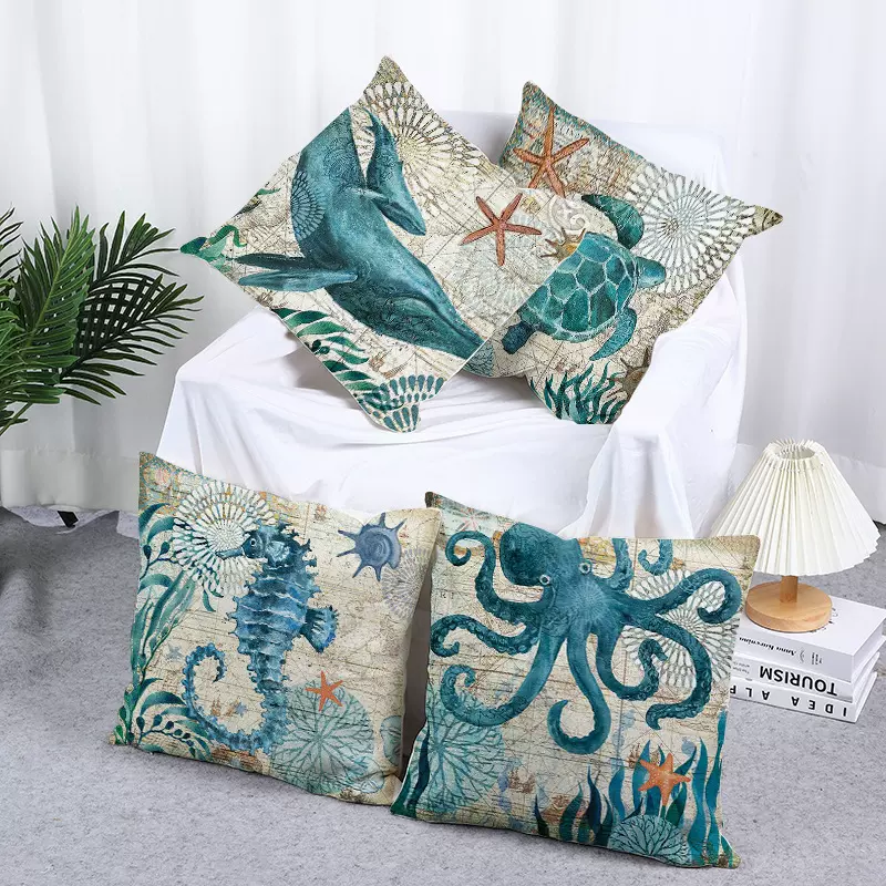 亚马逊海洋生物图抱枕套 亚麻印花装饰卧室客厅居家靠垫枕套