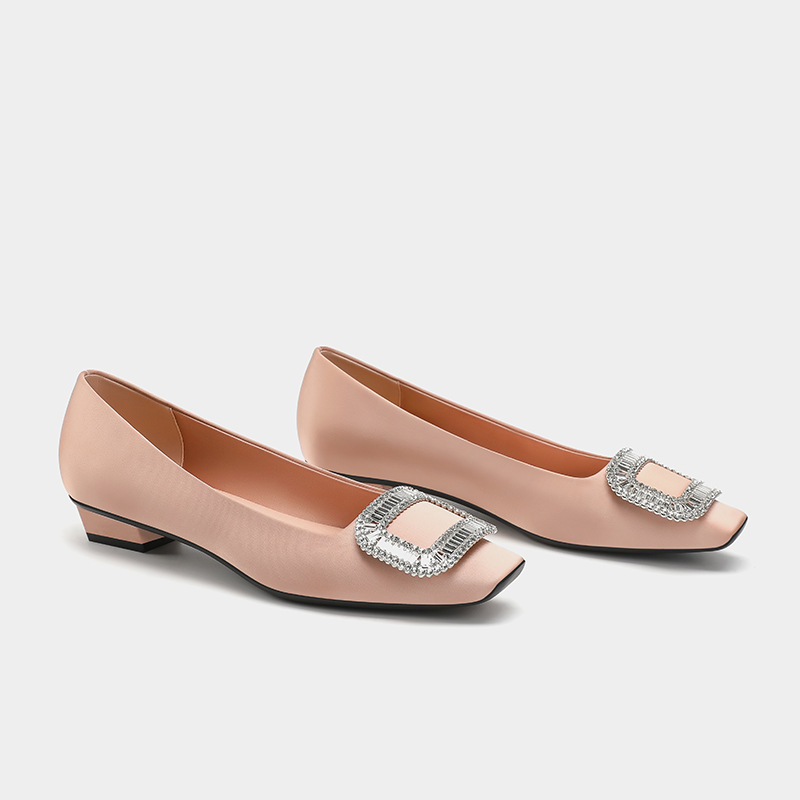 2026 New Model Rv Square Buckle Flat Women's Shoes, Square Toe, Rhinestone Satin Versatile Shallow Mouth Comfortable Flats, Elegant Flat Shoes