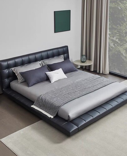 Italian Minimalist Macaron Bed with Genuine Leather Frame, Simple Floating Bed for Master Bedroom, Nordic Style 1.8-meter Double Wedding Bed