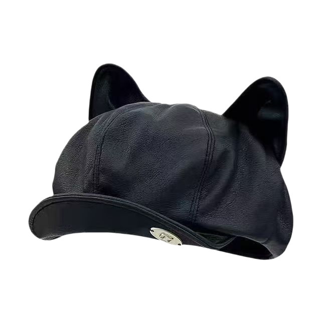 新款猫耳朵pu皮质贝雷帽秋冬女潮流百搭云朵帽甜酷显脸小画家帽子|undefined