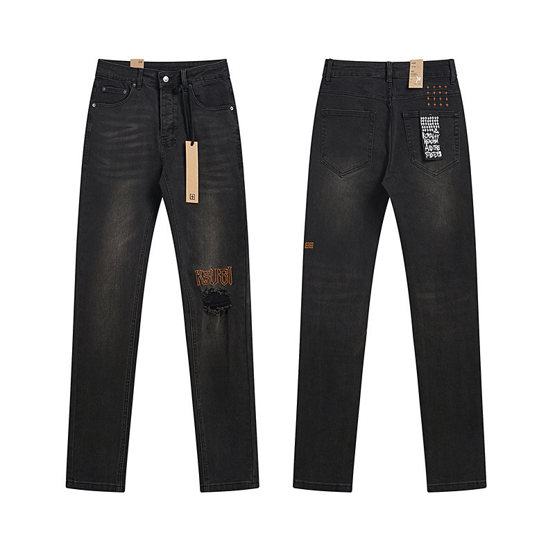 外贸高品质KSUBI &AMIRI Jeans牛仔裤高街破洞补丁弹力直筒长裤男|undefined