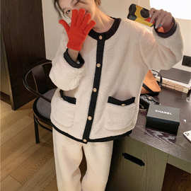 韩版ins女士冬季新款小香风加厚珊瑚绒睡衣长袖长裤家居服套装