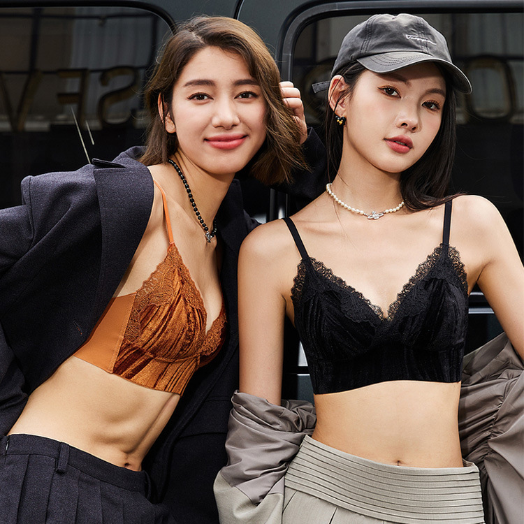 6064 otoño e invierno estilo romántico francés ropa interior de copa triangular de terciopelo de lujo ligero mujer simple y cómodo sujetador sin presión