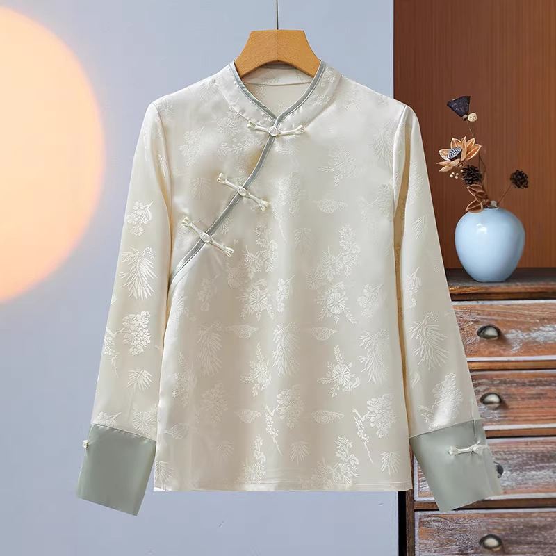 New Chinese Style Outer Shirt Women's Light National Style Satin Jacquard Elegant Top Retro Slant Flap Button Autumn Base Shirt