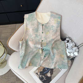 实拍新中式国风提花织锦两面穿马甲女2025新款感百搭小坎肩