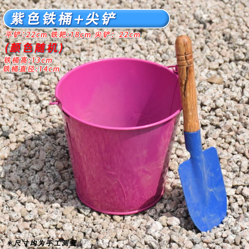 One rose red iron bucket + one small pointed shovel