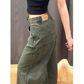 欧美风辣妹牛仔裤新款女2025年直筒小个子百搭阔腿裤拖地裤军绿色