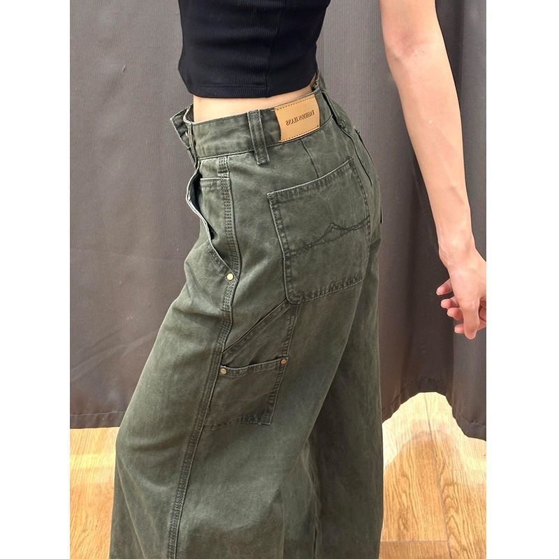 European and American Style Hot Girl Jeans New Women's 2025 Straight Leg Petite Versatile Wide Leg Pants Floor-Length Pants Army Green