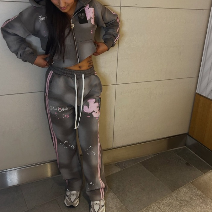 Women's Clothing Fashion Street Hot Girl Trend Personality Hooded Zipper Trendy Streetwear Hoodie & Pants Set With Print - Zip-Up Casual Outfit_voghion.com