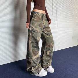 美式vibe高街复古斜口袋2025春秋设计感迷彩工装裤宽松直筒裤男女