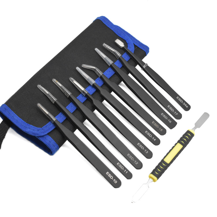 Venta al por mayor bolsa de lona de 9 piezas pinzas traje ESD anti-estática punta codo pelo recoger injerto pestañas eliminación reparación de la máquina