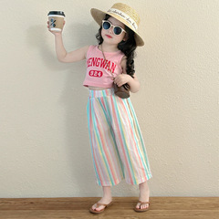女童字母短款背心2024夏季童裝新款韓版洋氣女寶寶辣妹度假無袖上