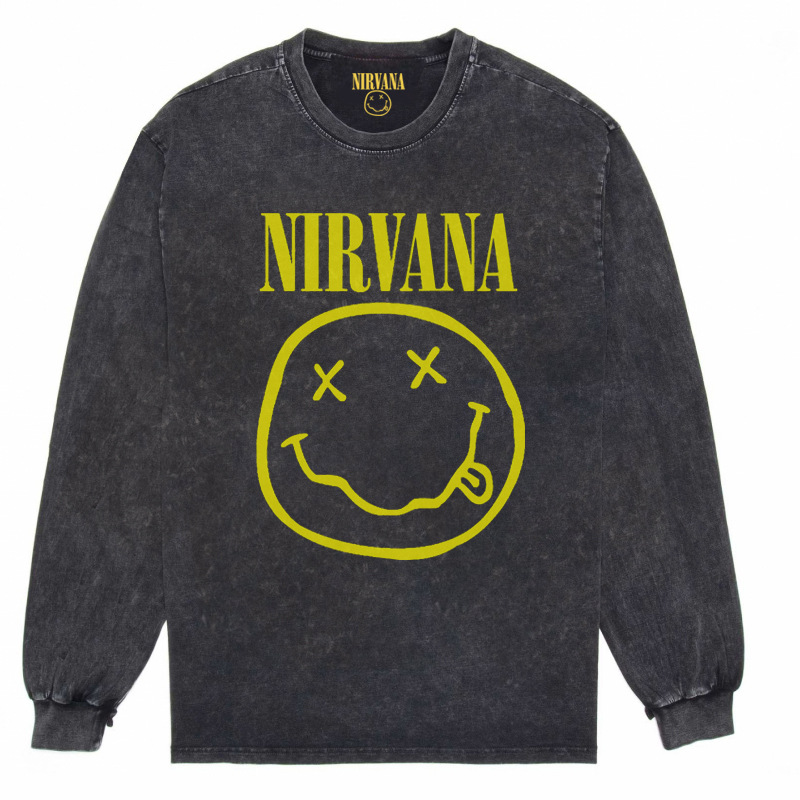Nirvana Vintage American retro apenado rock punk angustiado lavado batik Camiseta de manga larga