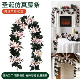 跨境仿真一品红装饰藤条 圣诞派对壁挂花艺 人造花叶节日布置藤蔓