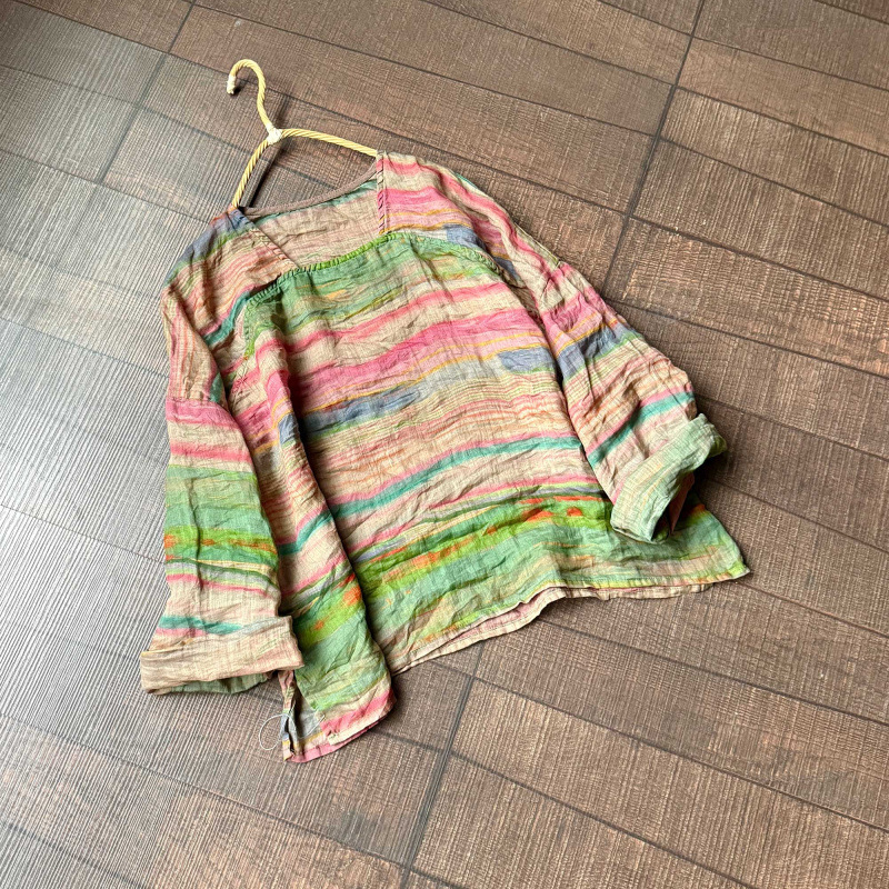 398 数码印花苎麻 夏款宽松汉服设计师款 方领文艺休闲麻衫