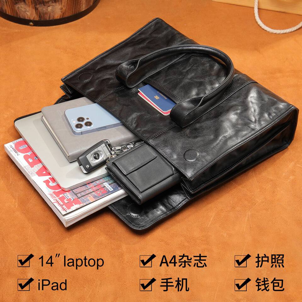 Cặp da nam Malute túi xách tay công sở da bò thật dung tích lớn đựng laptop 14 inch — Màu đen vân phẳng, Màu đen