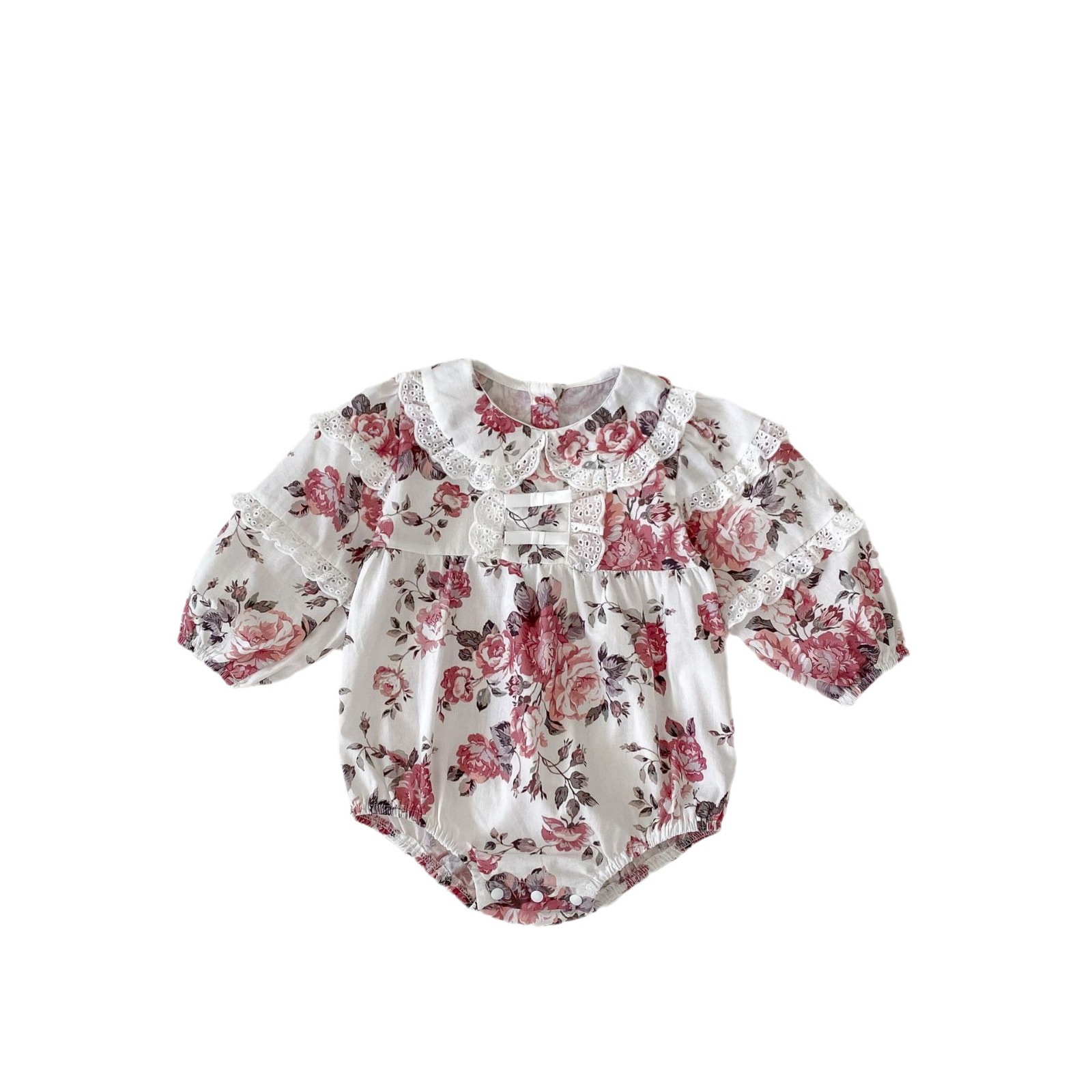 Tuta 0-3 anni per l'autunno 2024, neonata completamente in cotone con colletto in pizzo, fiocco, stampa floreale, maglietta a maniche lunghe_voghion.com